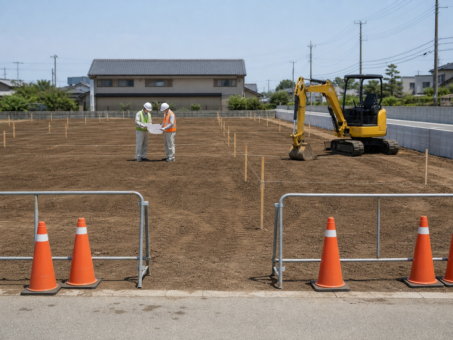 丁張りと重機が入った造成工事の現場