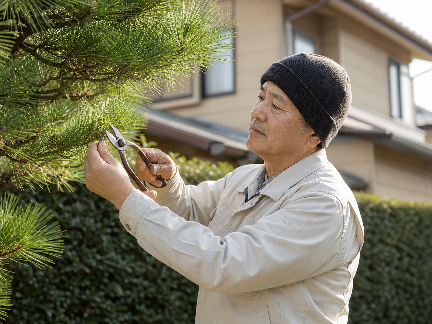 庭木の枝を剪定バサミで切りそろえる職人