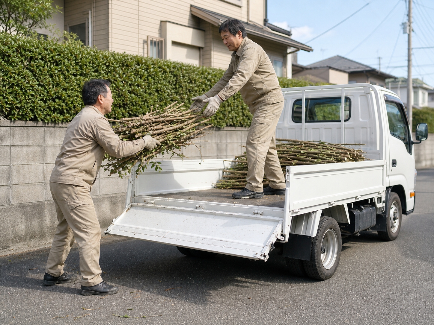 剪定した枝をトラックの荷台へ積み込む作業員