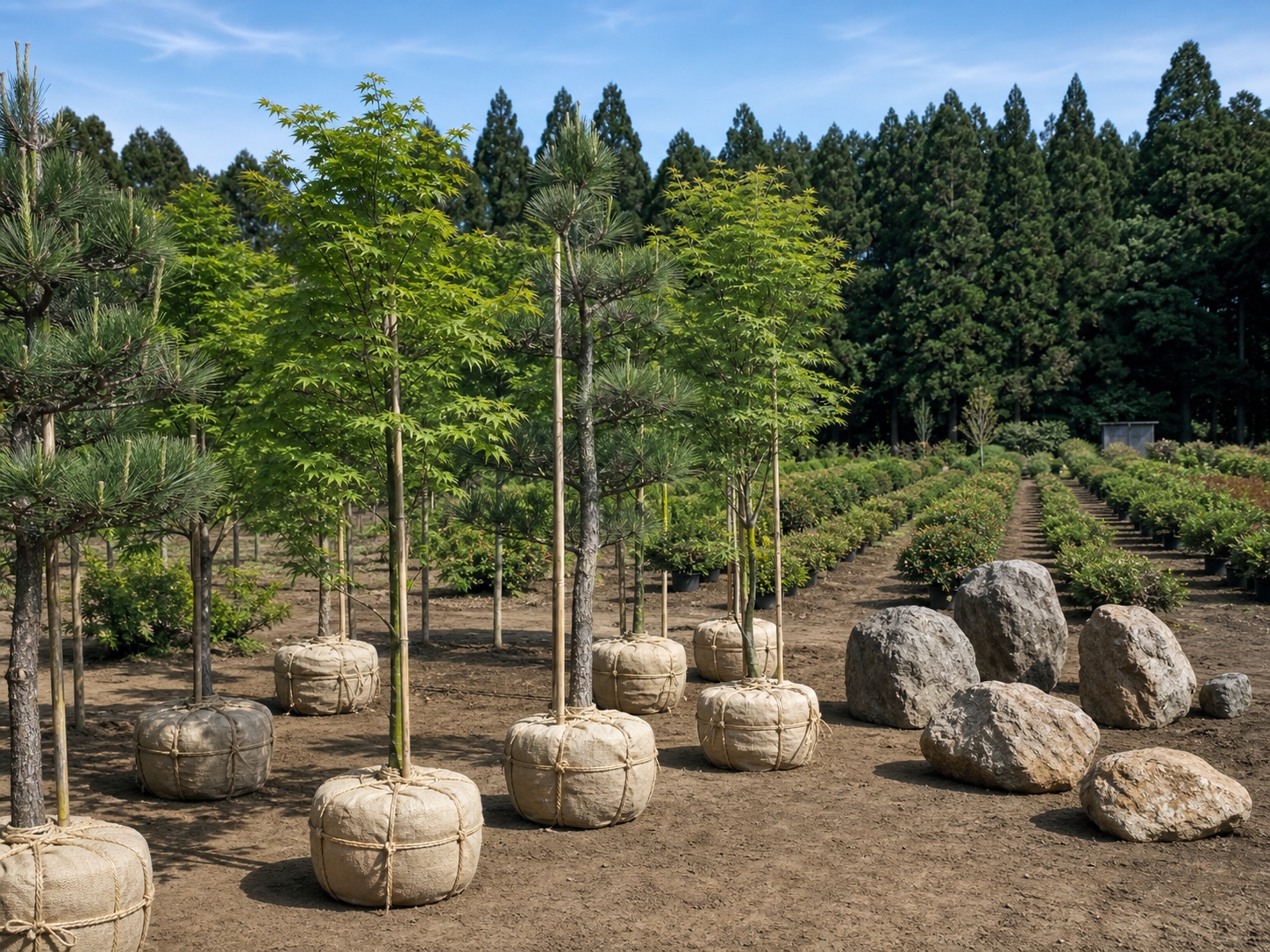 根巻きされた植木と庭石が並ぶ造園会社の圃場