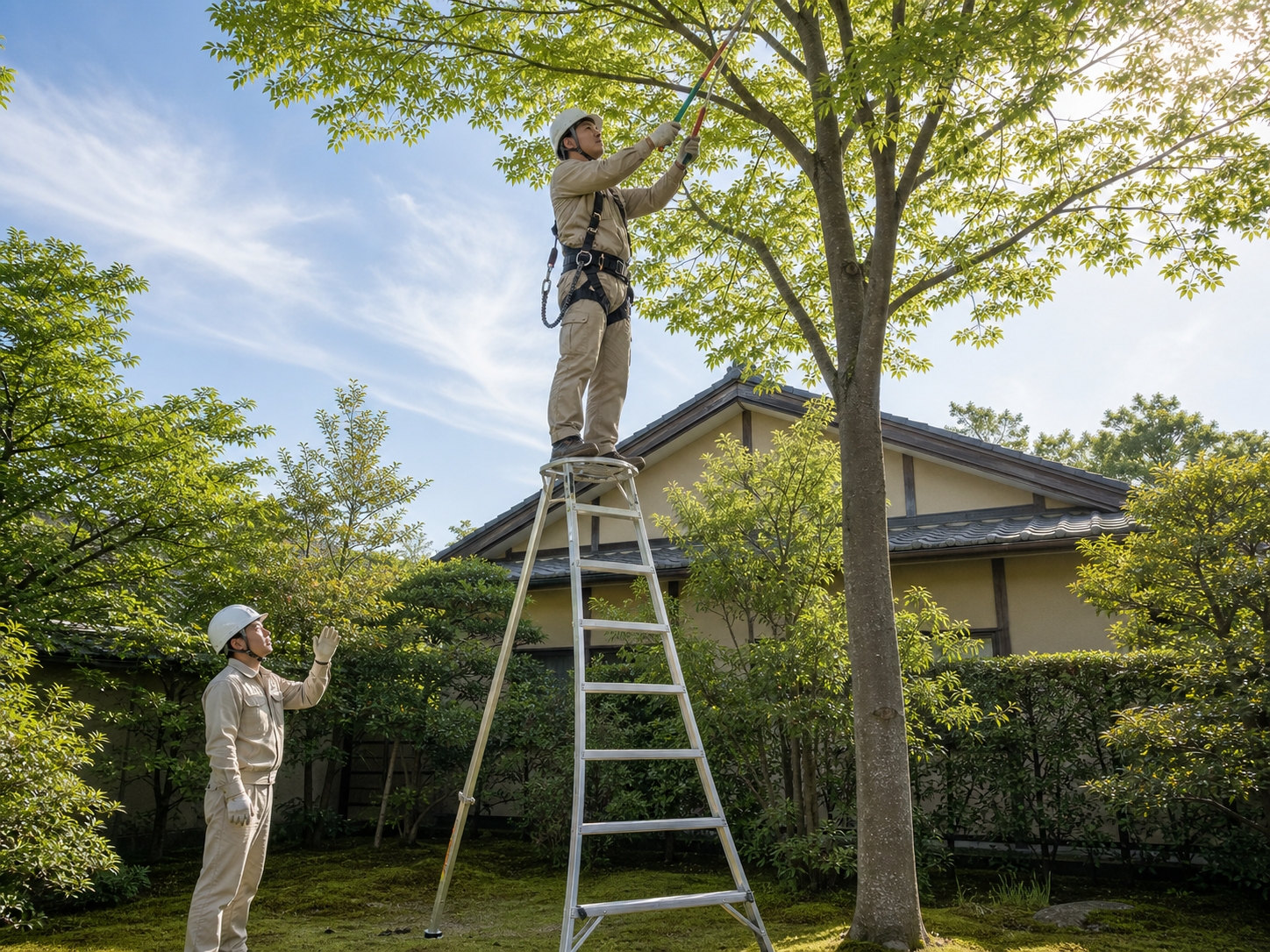 脚立の上から高木を剪定する職人
