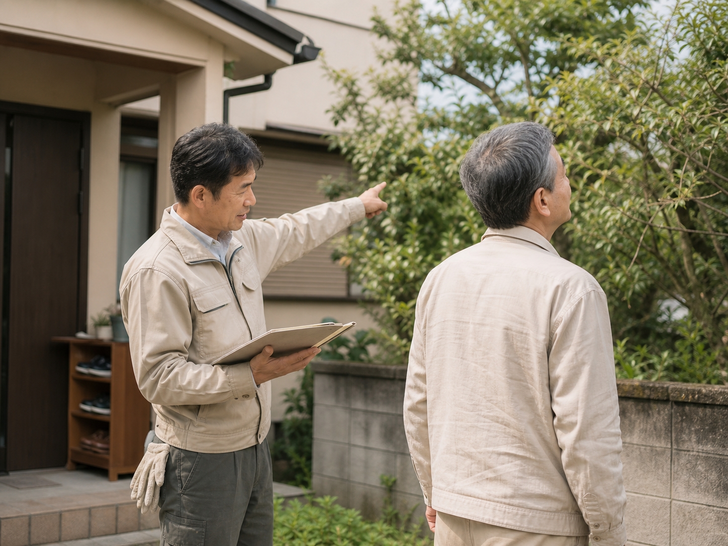 庭先で住人と打ち合わせをする職人
